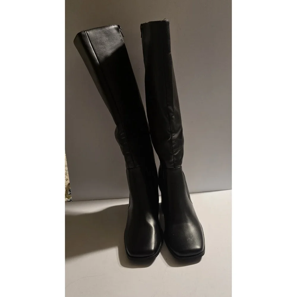 Pretty Little Thing Black Square Toe Knee High Block Heel Boots Womens Size 7